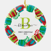 Monogram Babynaam Eerste Kerstmis Xmas Krans Keramisch Ornament (Achterkant)