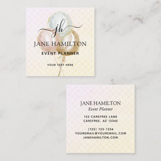 Monogram Balloons Event Planner Vierkante Visitekaartje (Voorkant / Achterkant)