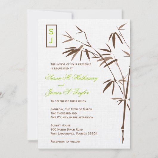 Monogram Bamboo Wedding Invitations  | Bruin Kaart (Voorkant)