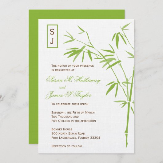 Monogram Bamboo Wedding Invitations  | Groen Kaart (Voorkant / Achterkant)