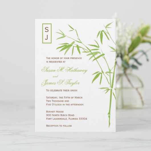 Monogram Bamboo Wedding Invitations  | Groen Kaart (Staand voorkant)