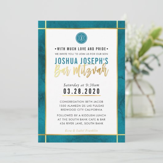 MONOGRAM BAR MITZVAH blauwgroen blauw gouden stree Kaart (Staand voorkant)