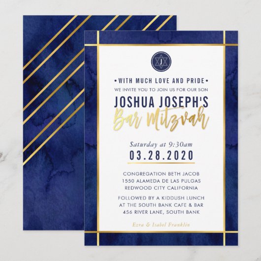 MONOGRAM BAR MITZVAH dark blue waterverf gold Kaart (Voorkant / Achterkant)