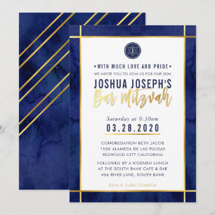 MONOGRAM BAR MITZVAH dark blue waterverf gold Kaart