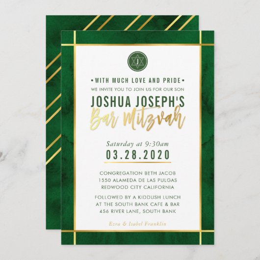 MONOGRAM BAR MITZVAH forrest green gold stripe Kaart (Voorkant / Achterkant)