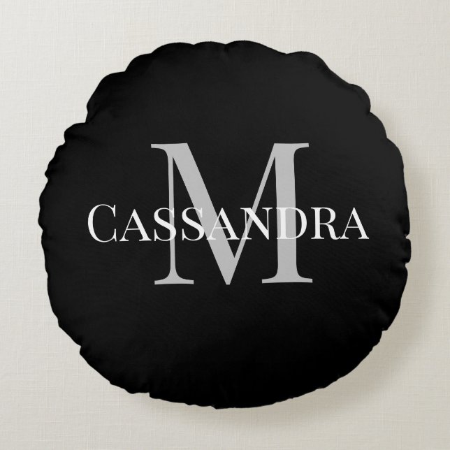 Monogram Basic Zwart effen kleur Plain Simple Rond Kussen (Voorkant)