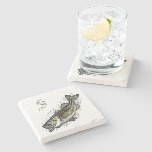 Monogram Bass Fish Stone Stenen Onderzetter (Zijkant)