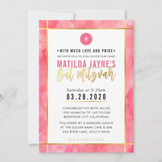 MONOGRAM BAT MITZVAH koraal roze gouden streep Kaart (Voorkant)