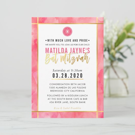 MONOGRAM BAT MITZVAH koraal roze gouden streep Kaart (Staand voorkant)