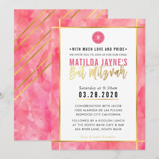 MONOGRAM BAT MITZVAH koraal roze gouden streep Kaart (Voorkant / Achterkant)