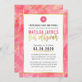 MONOGRAM BAT MITZVAH koraal roze gouden streep Kaart