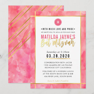 MONOGRAM BAT MITZVAH koraal roze gouden streep Kaart