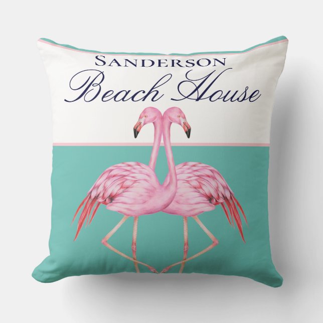 Monogram Beach House Blauwgroen Flamingos marinebl Kussen (Voorkant)