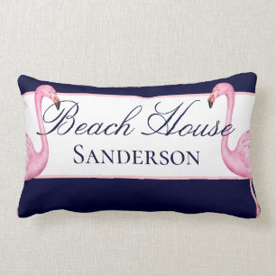 Monogram Beach House Pink Flamingos marineblauw Kussen