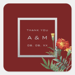 Monogram Bedankgrijs Lijst Zilver Bloemen Maroon Vierkante Sticker