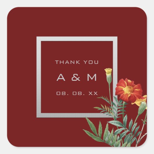 Monogram Bedankgrijs Lijst Zilver Bloemen Maroon Vierkante Sticker (Voorkant)