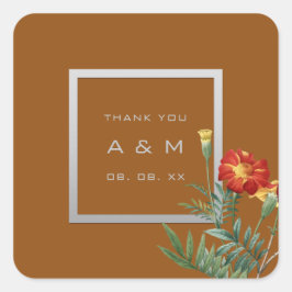Monogram Bedankgrijs Lijst Zilver Bloemenbruin Vierkante Sticker