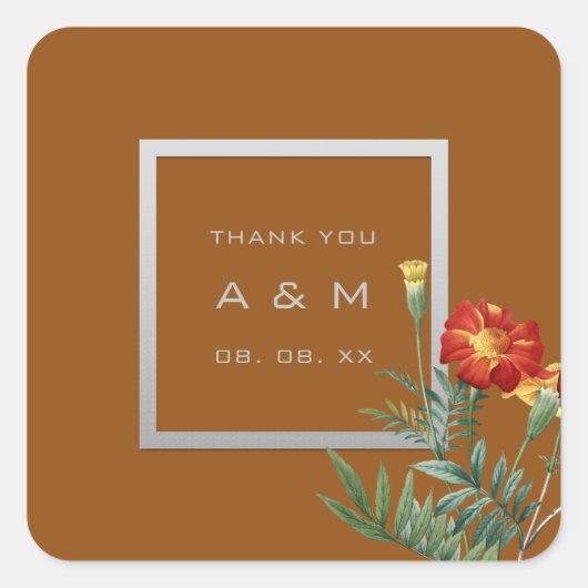 Monogram Bedankgrijs Lijst Zilver Bloemenbruin Vierkante Sticker (Voorkant)