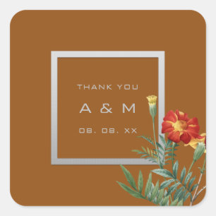 Monogram Bedankgrijs Lijst Zilver Bloemenbruin Vierkante Sticker