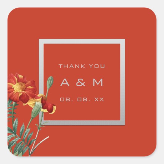 Monogram Bedankgrijs Lijst Zilver Bloemenkoraal Vierkante Sticker (Voorkant)