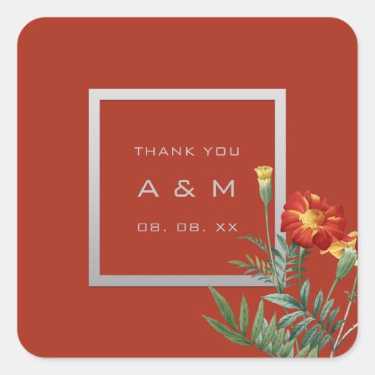 Monogram Bedankgrijs Lijst Zilver Bloemenkoraal Vierkante Sticker (Voorkant)