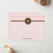 Monogram Bedankt Kaart - Roze Strepen Notitiekaartje (Voorkant / Achterkant in situ)