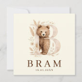 Monogram Beer Neutraaal Bosdier Jongen Geboorte Kaart (Voorkant)