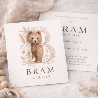 Monogram Beer Neutraaal Bosdier Jongen Geboorte Kaart