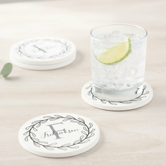 Monogram Beginletter Achternaam Botanisch Zandsteen Onderzetter
