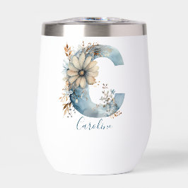 Monogram Beginletter C Blauwe Bloemrijke Waterverf