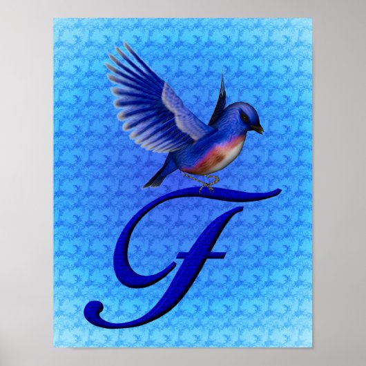 Monogram Beginletter F met Blauwe Vogel Poster (Voorkant)