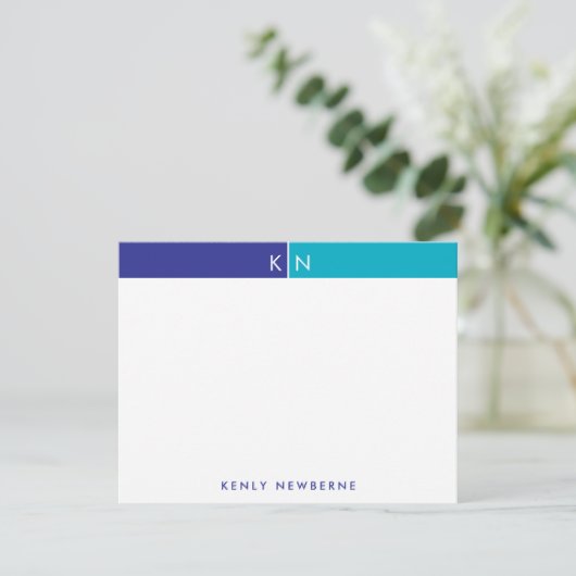 Monogram Beginletters Blauw & Turquoise Band Brief Notitiekaartje (Staand voorkant)