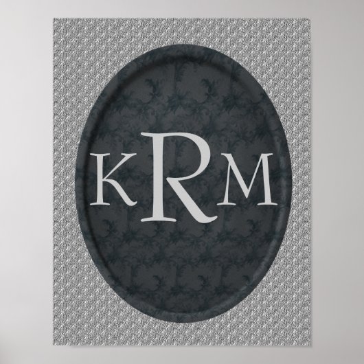 Monogram Beginletters Elegante Zwarte Bloemen  Poster (Voorkant)
