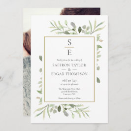 Monogram Beginletters Groene Loof Foto Bruiloft Kaart