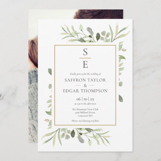 Monogram Beginletters Groene Loof Foto Bruiloft Kaart (Voorkant / Achterkant)