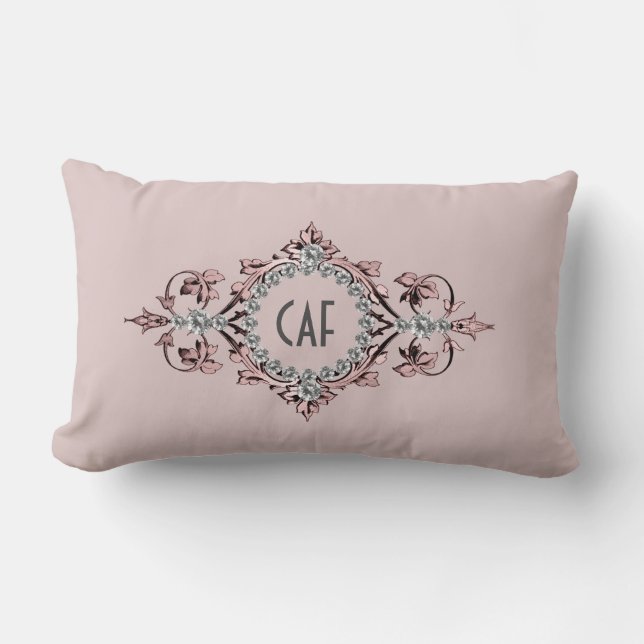 Monogram Beginletters Roze Grijs Zilver Bloemrijke Kussen (Voorkant)