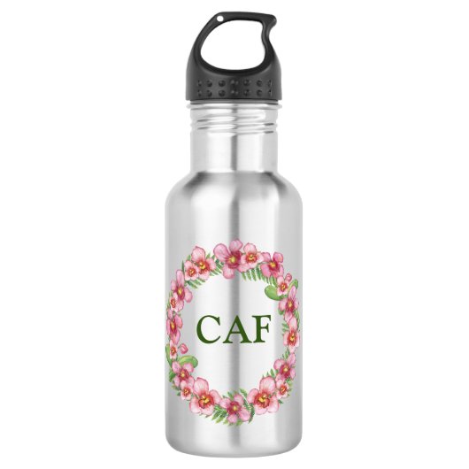 Monogram Beginletters Roze Groen Bloemend Trend Me Waterfles (Voorkant)