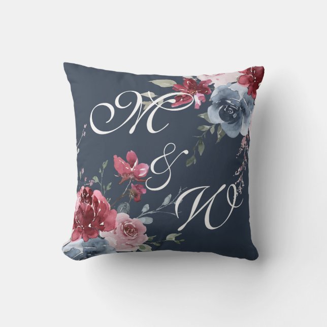 Monogram Beginletters Stof Roze Blauwe Bloemen Don Kussen (Voorkant)