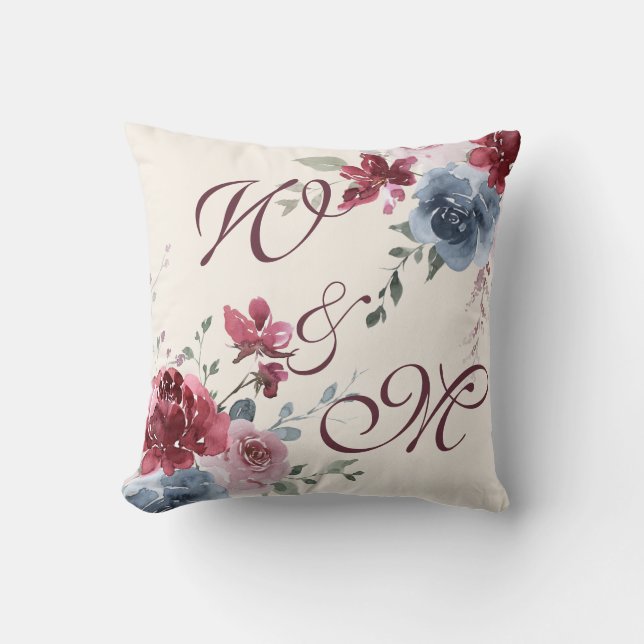 Monogram Beginletters Stof Roze Blauwe Bloemen Ivo Kussen (Voorkant)