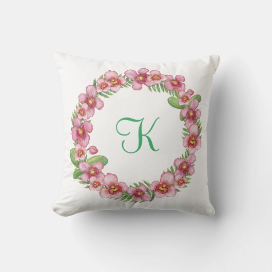 Monogram Beginletters Trendy Roze Groen Bloem Kussen (Voorkant)