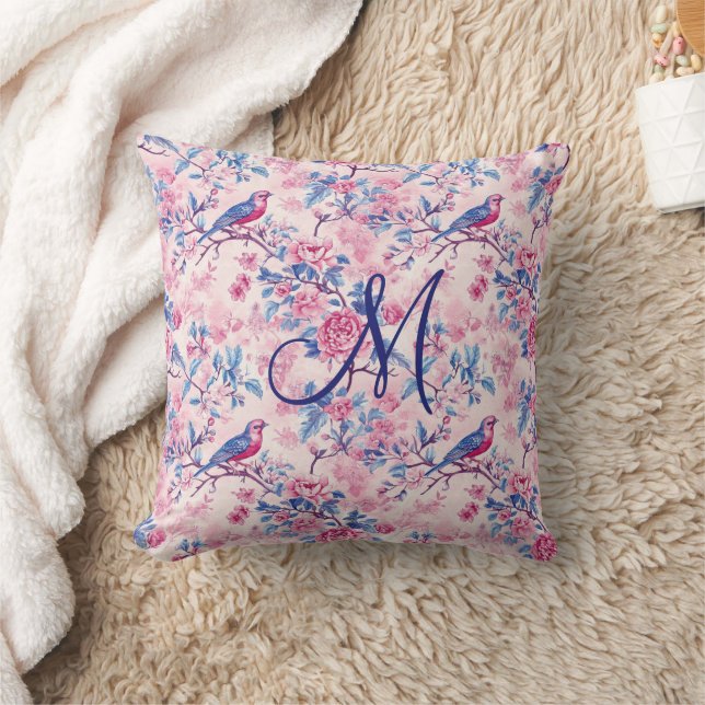 Monogram Beginnende Roze Blauwe Toile Bloemrijke V Kussen (Deken)