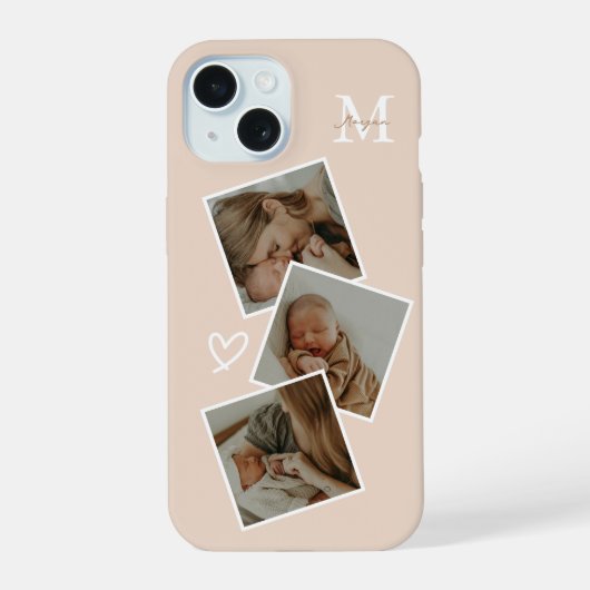 Monogram Beige Aangepast 3 Foto Collage iPhone 15 Case (Achterkant)