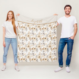 Monogram Beige Crème Bruin Grijs Bloem- Botanisch  Fleece Deken