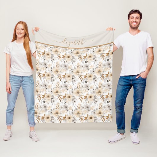 Monogram Beige Crème Bruin Grijs Bloemen Botanisch Fleece Deken (In situ)