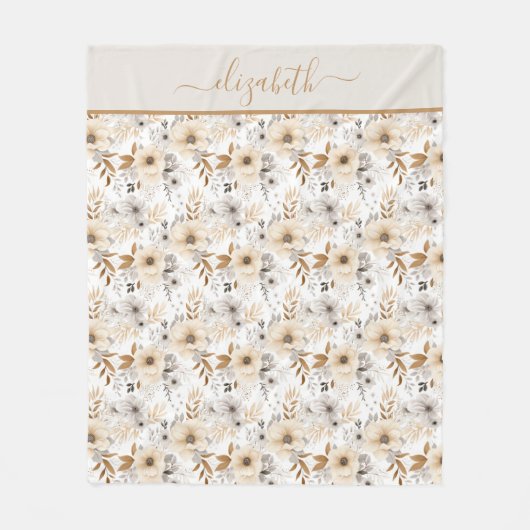 Monogram Beige Crème Bruin Grijs Bloemen Botanisch Fleece Deken (Voorkant)