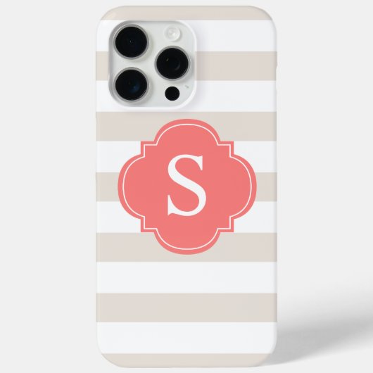 Monogram beige en koraalstrepen Case-Mate iPhone case (Achterkant)