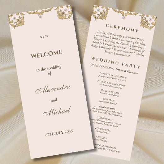 Monogram Beige Pearl Vintage Wedding Programma Programmakaart