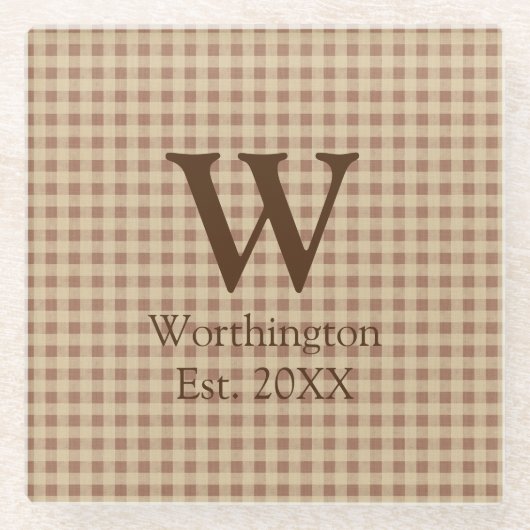 Monogram Beige Roest Buffel Plaid Rustic Landelijk Glazen Onderzetter (Voorkant)