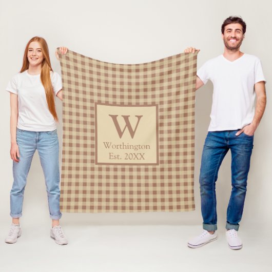 Monogram Beige Roestbruin Buffalo Plaid Rustieke L Fleece Deken (In situ)