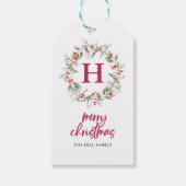 Monogram Berry Krans Kalligrafie Vrolijk Kerstfees Cadeaulabel (Voorkant)